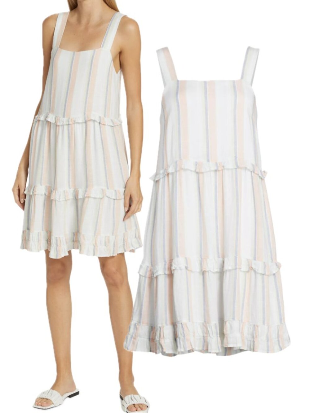 RAILS Sandy Linen-Blend Striped Ruffle Tiered Sleeveless Dress (Biarritz Stripe)
